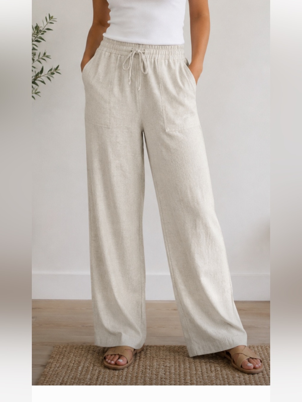 Banana Republic Light Beige Drawstring Linen High Rise Straight Pant